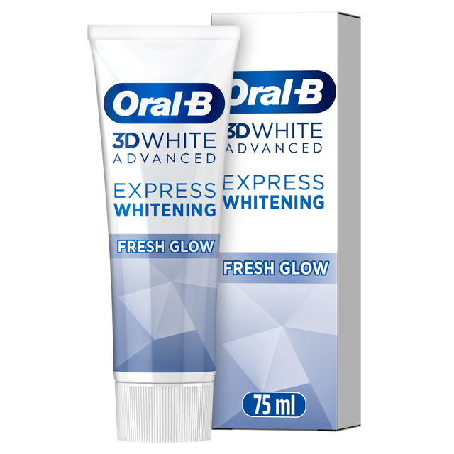 Oral-B 3D White Advanced Express Whitening toothpaste and box, highlighting "Fresh Glow" and 75ml size.