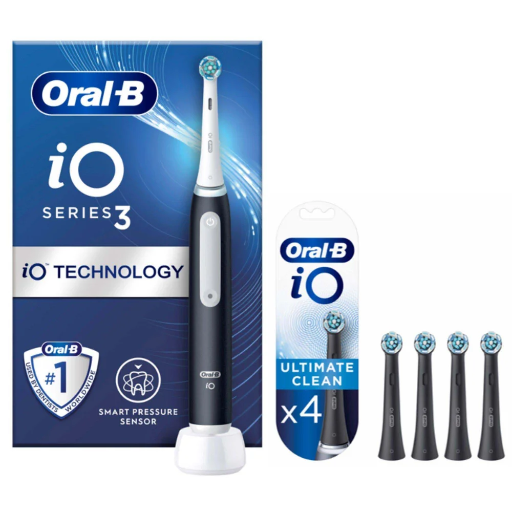 Oral B iO3 Electric Toothbrush Matt Black with 4ct Extra Ultimate Clean White Refills Image 1