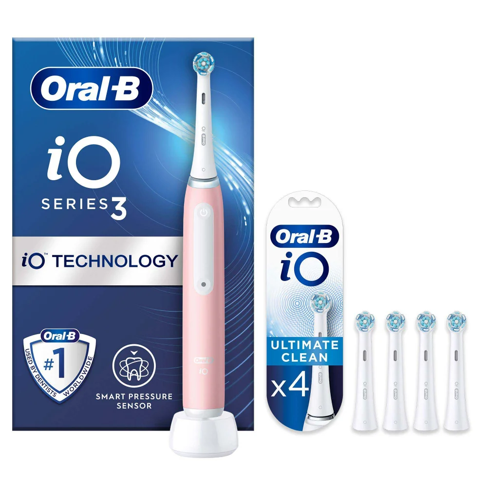 Oral B iO3 Electric Toothbrush Blush Pink with 4ct Extra Ultimate Clean White Refills Image 1