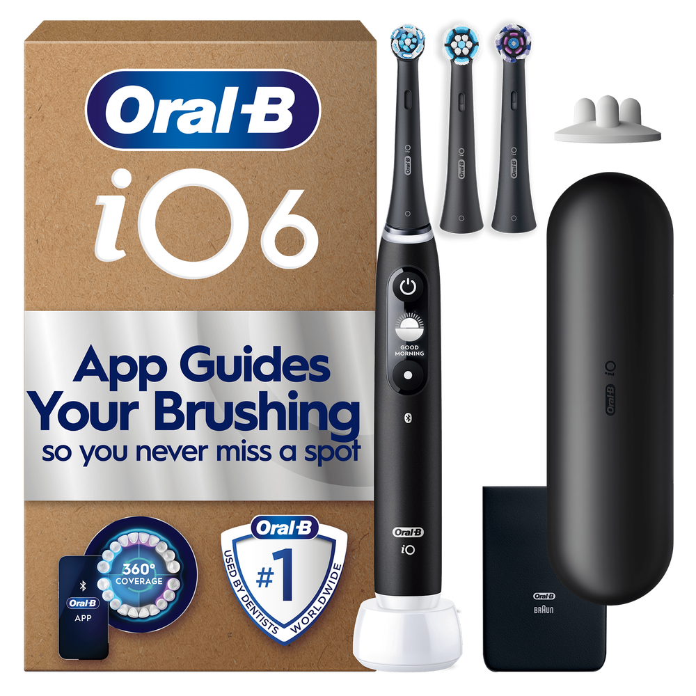 Oral-B iO6 toothbrush packaging, highlighting App Guides Your Brushing so you never miss a spot.
