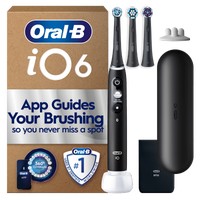Oral-B iO6 toothbrush packaging, highlighting App Guides Your Brushing so you never miss a spot.