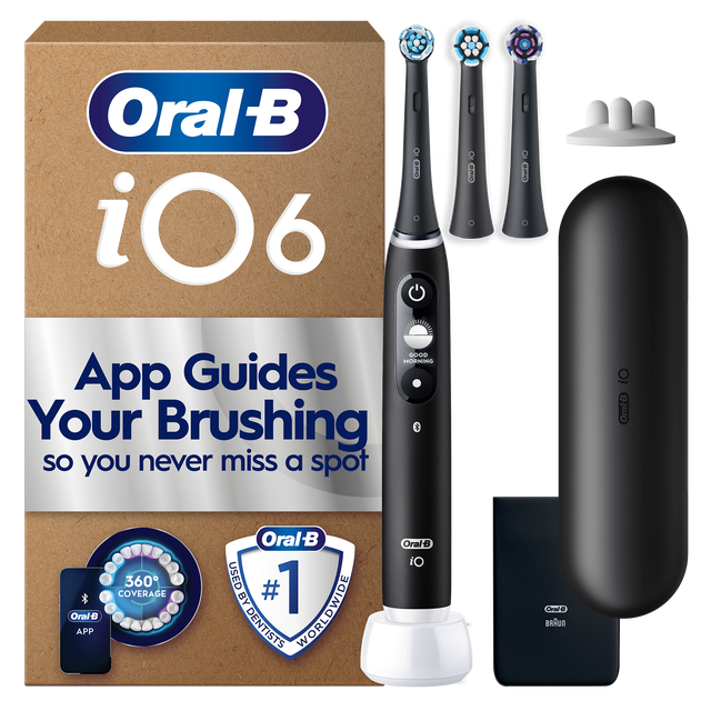 Oral-B iO6 toothbrush packaging, highlighting App Guides Your Brushing so you never miss a spot.