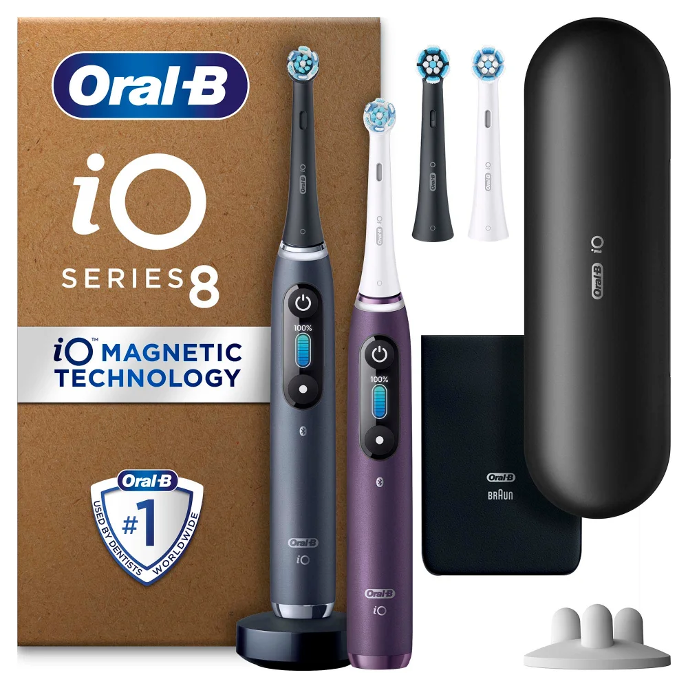 Oral B iO8 Electric Toothbrush Duo Pack Violet Ametrine & Black Onyx with 2ct Extra Refills Image 1