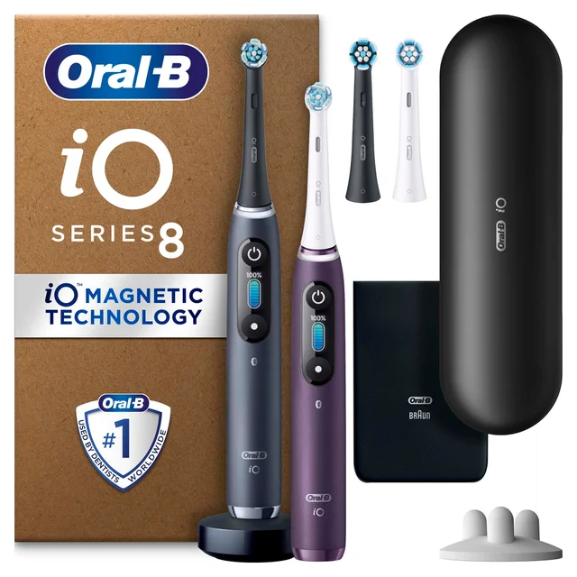 Oral B iO8 Electric Toothbrush Duo Pack Violet Ametrine & Black Onyx with 2ct Extra Refills