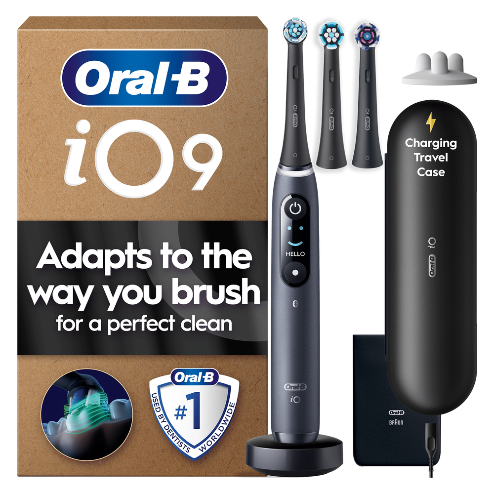 Oral-B iO9 toothbrush packaging, claiming the brush adapts to the way you brush for a perfect clean.