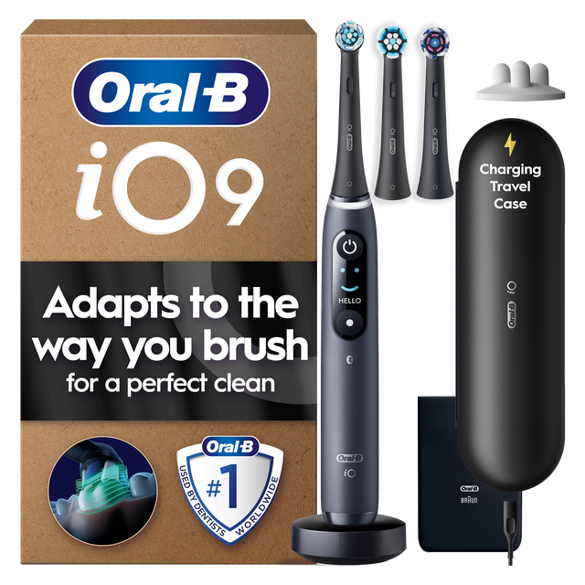 Oral-B iO9 toothbrush packaging, claiming the brush adapts to the way you brush for a perfect clean.