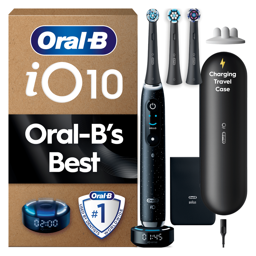 Oral-B iO10 toothbrush shown with charging travel case, brush head refills, and packaging highlighting Oral-B’s Best.