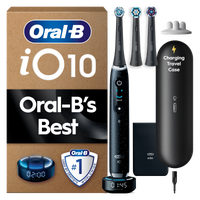 Oral-B iO10 toothbrush shown with charging travel case, brush head refills, and packaging highlighting Oral-B’s Best.