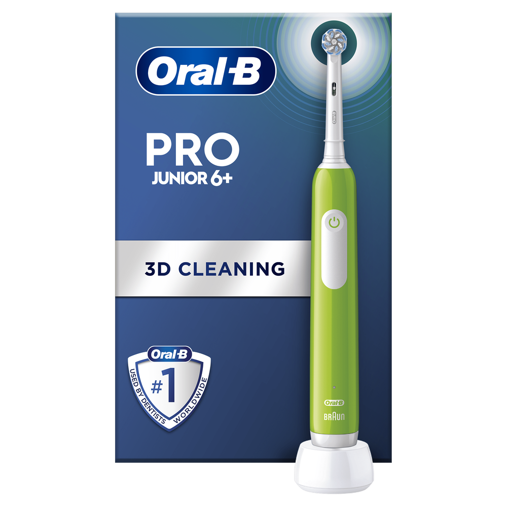 Oral-B Pro Junior 6+ toothbrush packaging highlighting "3D Cleaning" and "Number 1 Used By Dentists Worldwide".