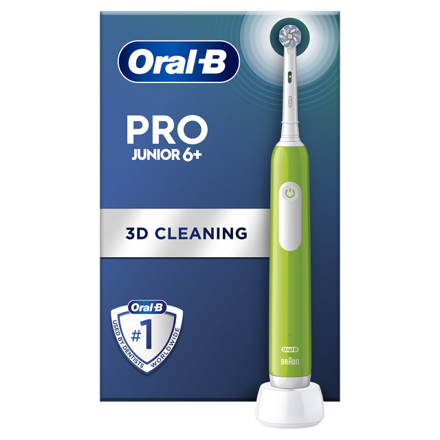 Oral-B Pro Junior 6+ toothbrush packaging highlighting "3D Cleaning" and "Number 1 Used By Dentists Worldwide".