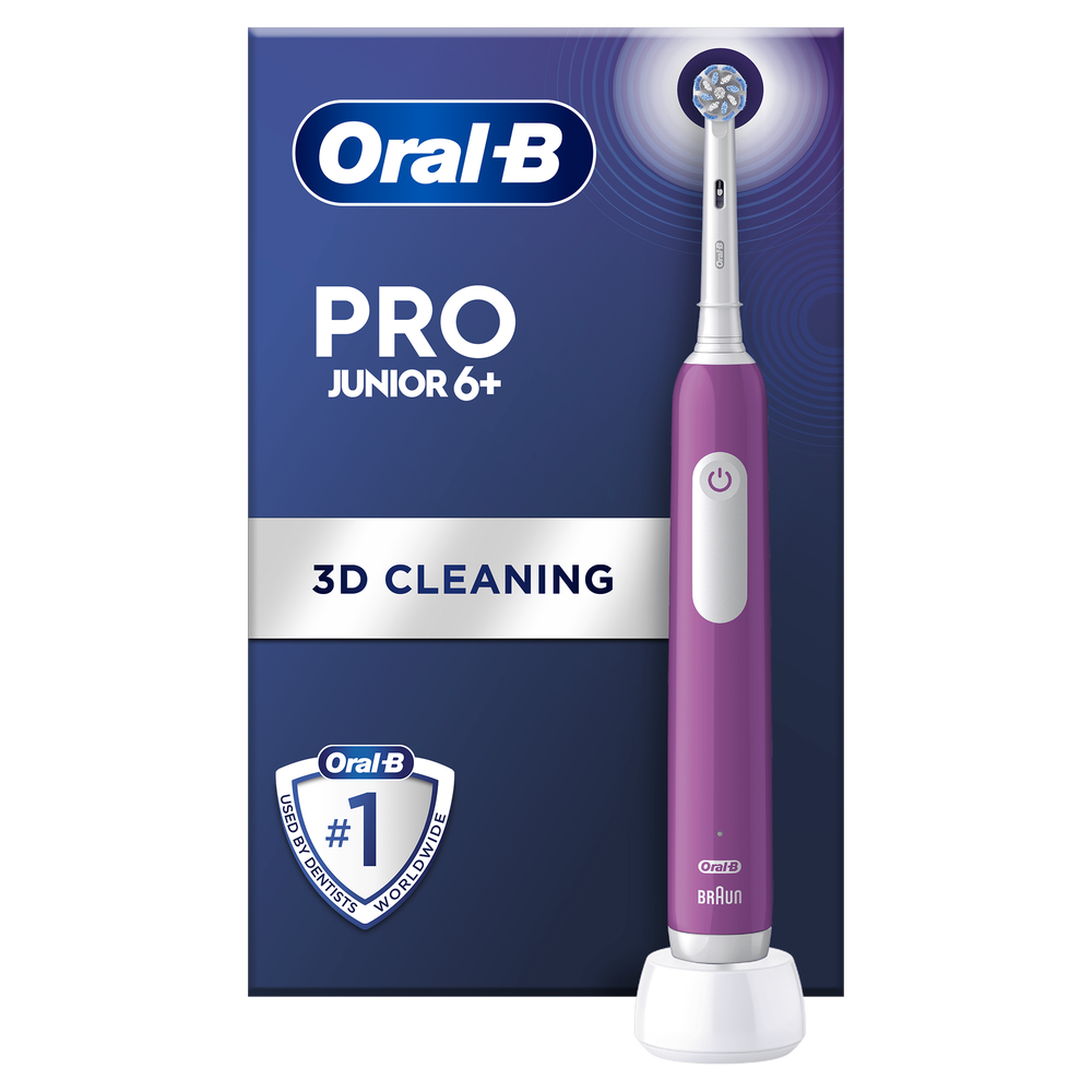 Oral-B Pro Junior 6+ electric toothbrush with charging base, packaging highlights "3D Cleaning" and "#1 Used by Dentists Worldwide".