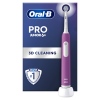 Oral-B Pro Junior 6+ electric toothbrush with charging base, packaging highlights "3D Cleaning" and "#1 Used by Dentists Worldwide".