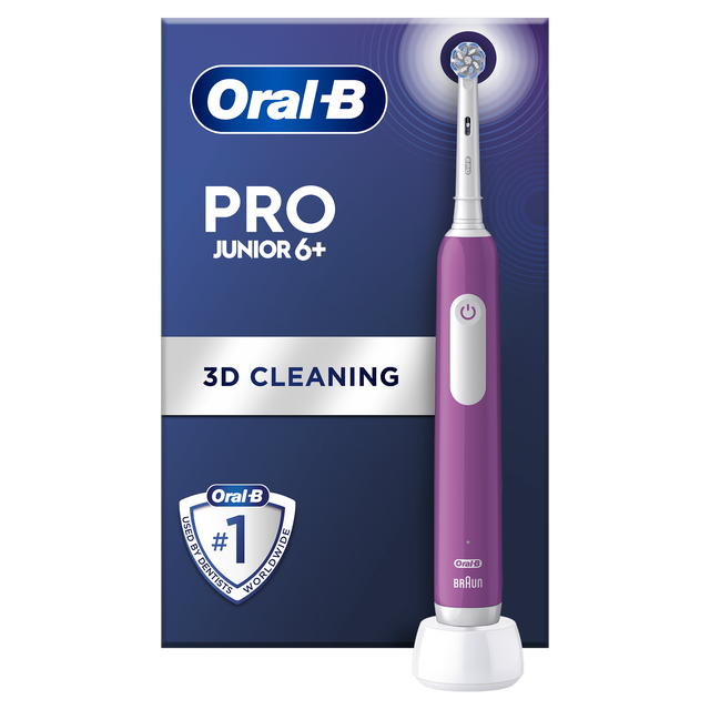 Oral-B Pro Junior 6+ electric toothbrush with charging base, packaging highlights "3D Cleaning" and "#1 Used by Dentists Worldwide".