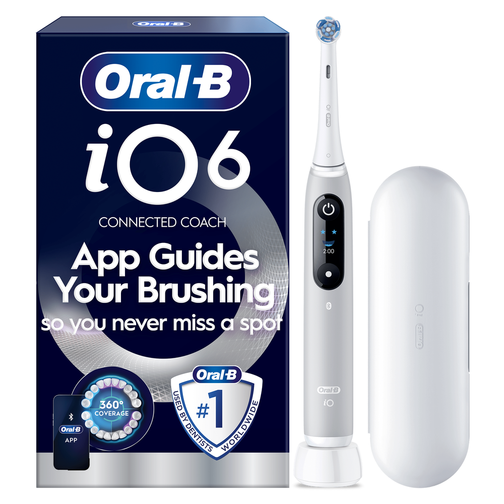 Oral-B iO6 toothbrush packaging, highlighting App Guides Your Brushing so you never miss a spot.