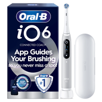 Oral-B iO6 toothbrush packaging, highlighting App Guides Your Brushing so you never miss a spot.