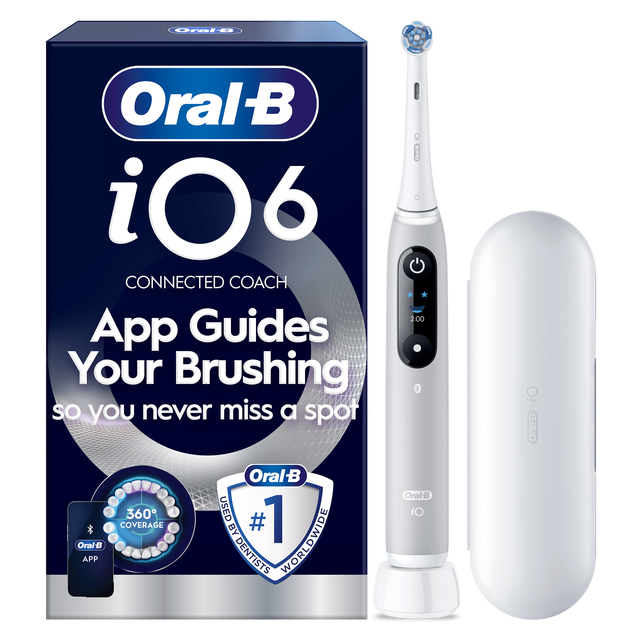 Oral-B iO6 toothbrush packaging, highlighting App Guides Your Brushing so you never miss a spot.