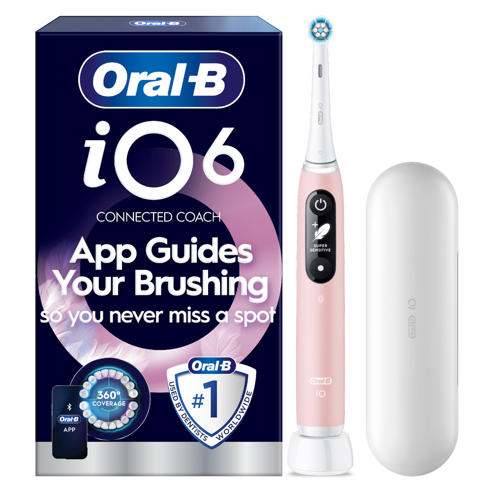 Oral-B iO6 toothbrush packaging, highlighting App Guides Your Brushing so you never miss a spot.