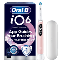 Oral-B iO6 toothbrush packaging, highlighting App Guides Your Brushing so you never miss a spot.