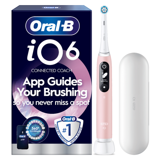 Oral-B iO6 toothbrush packaging, highlighting App Guides Your Brushing so you never miss a spot.