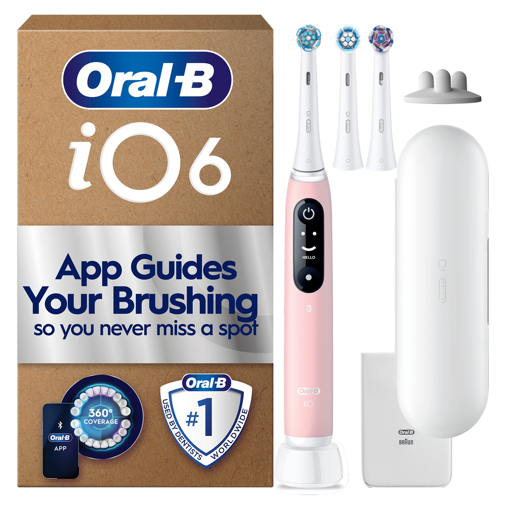 Oral-B iO6 toothbrush packaging, highlighting App Guides Your Brushing so you never miss a spot.
