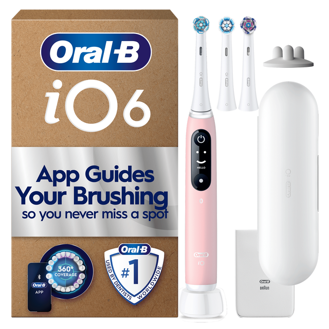 Oral-B iO6 toothbrush packaging, highlighting App Guides Your Brushing so you never miss a spot.