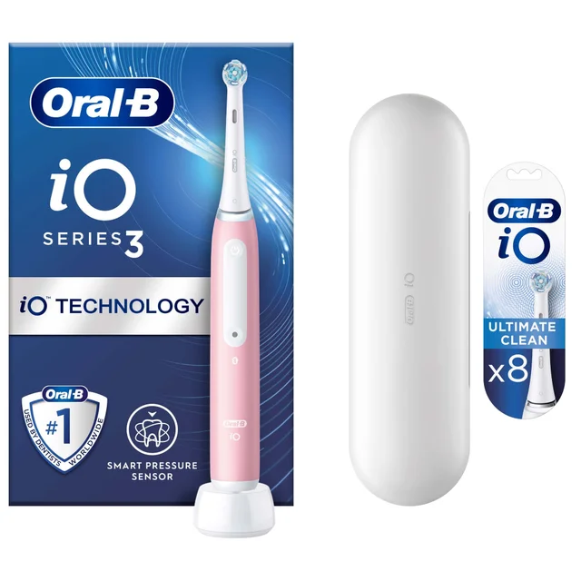 Oral B iO 3 Blush Pink Electric Toothbrush Designed By Braun + Travel Case + 8 Refills