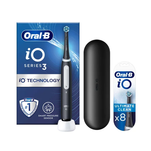 Oral B iO 3 Matte Black Electric Toothbrush Designed By Braun + Travel Case + 8 Refills