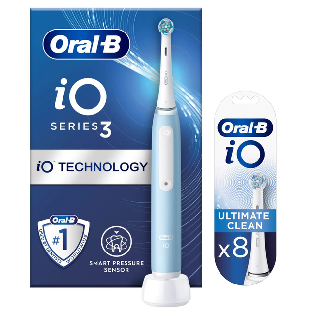 Oral B iO3 Ice Blue Electric Toothbrush + 8 Refills