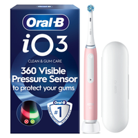 Oral-B iO3 electric toothbrush, pink, with travel case, highlighting 360 Visible Pressure Sensor.