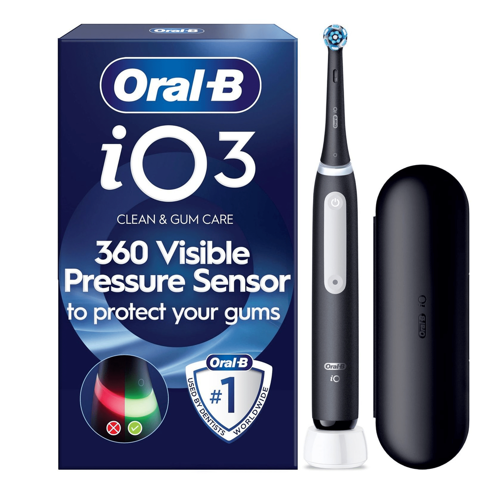 Oral-B iO3 toothbrush and packaging, highlighting 360 Visible Pressure Sensor for gum protection.