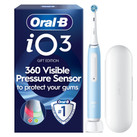 Oral-B iO3 Gift Edition toothbrush with packaging highlighting the 360 visible pressure sensor to protect your gums.