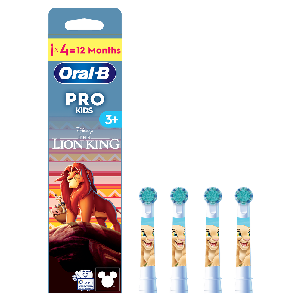 Oral-B Pro Kids toothbrush replacement heads, featuring Disney's The Lion King characters, 4 count, lasts 12 months.