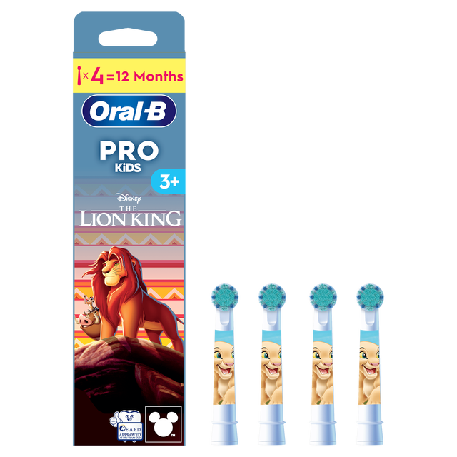 Oral-B Pro Kids toothbrush replacement heads, featuring Disney's The Lion King characters, 4 count, lasts 12 months.