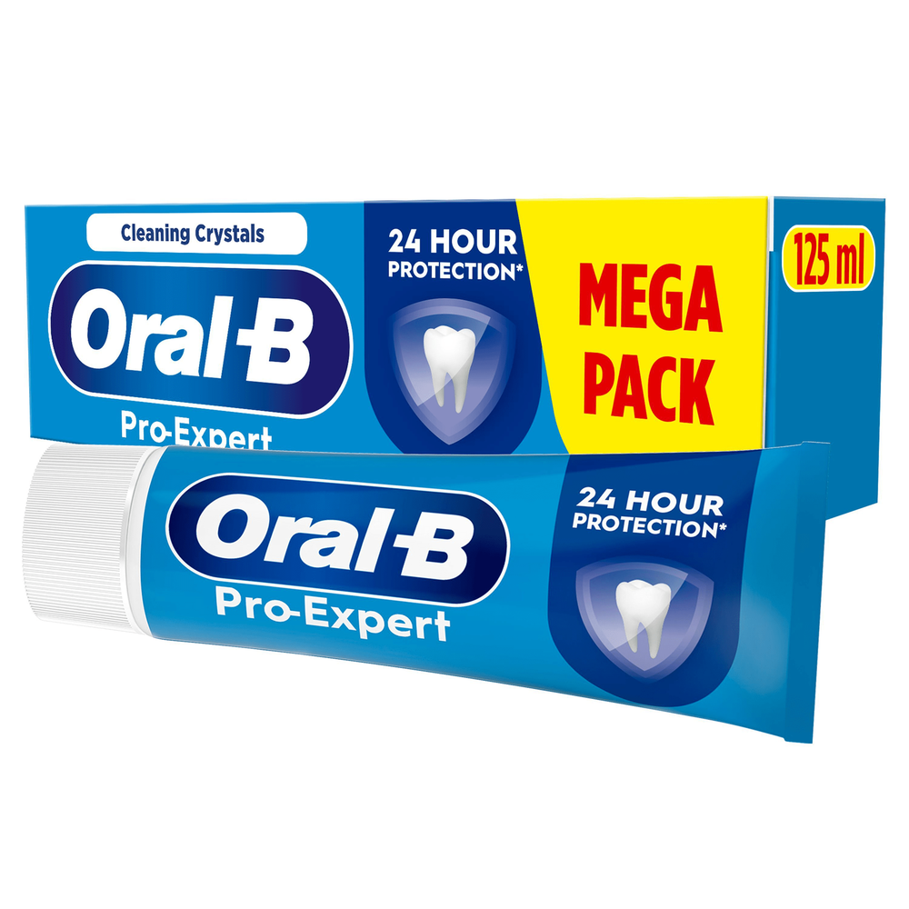 Oral-B Pro-Expert toothpaste tube and box, highlighting "24 Hour Protection" and "Mega Pack" size.