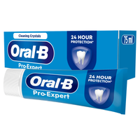 Oral-B Pro-Expert toothpaste and packaging, highlighting "24 Hour Protection" with a tooth graphic on a shield.