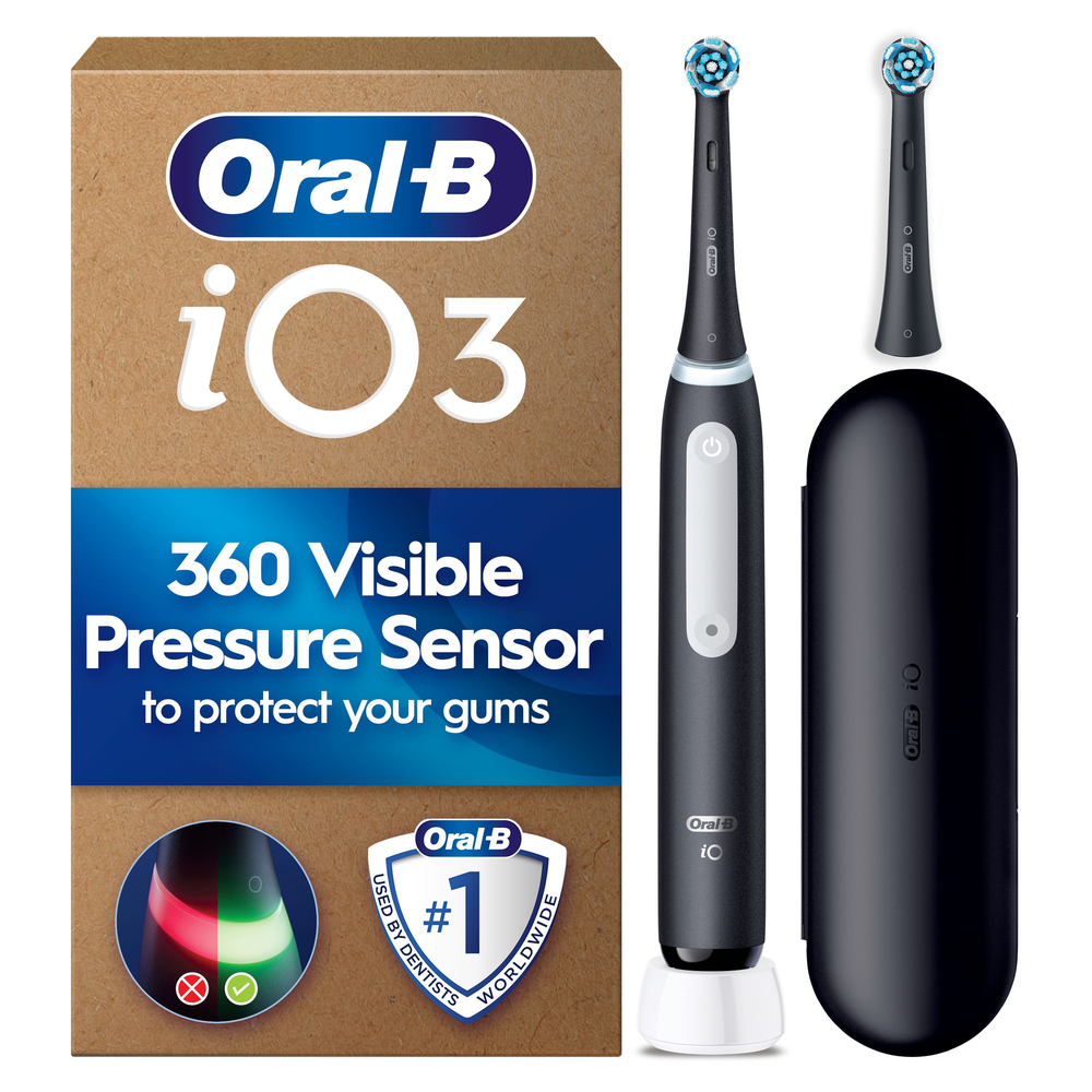 Oral-B iO3 toothbrush with packaging highlighting its 360 visible pressure sensor to protect your gums.