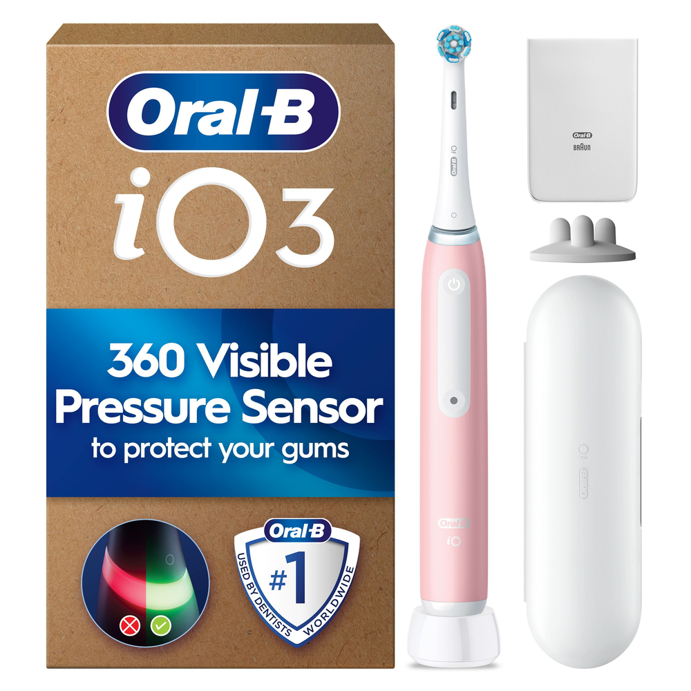 Oral-B iO3 toothbrush, in pink, shown with its packaging, highlighting the 360 visible pressure sensor to protect gums.