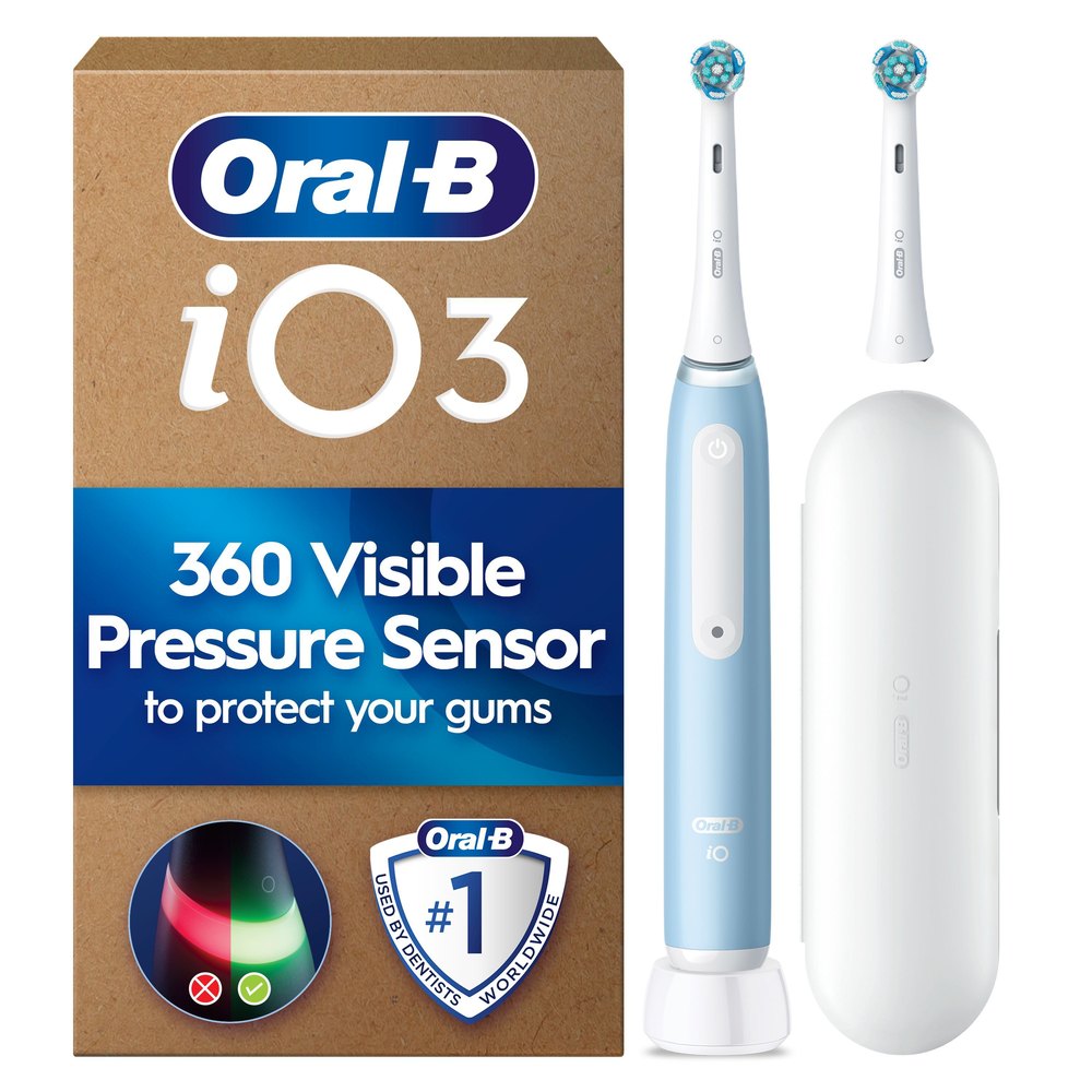 Oral-B iO3 electric toothbrush packaging highlighting the 360 visible pressure sensor designed to protect gums.