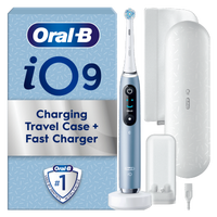 Oral-B iO9 electric toothbrush shown with charging travel case and fast charger, as well as the charging base.
