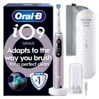Oral-B iO9 Genius electric toothbrush packaging, highlighting Adapts to the way you brush for a perfect clean and charging travel case.