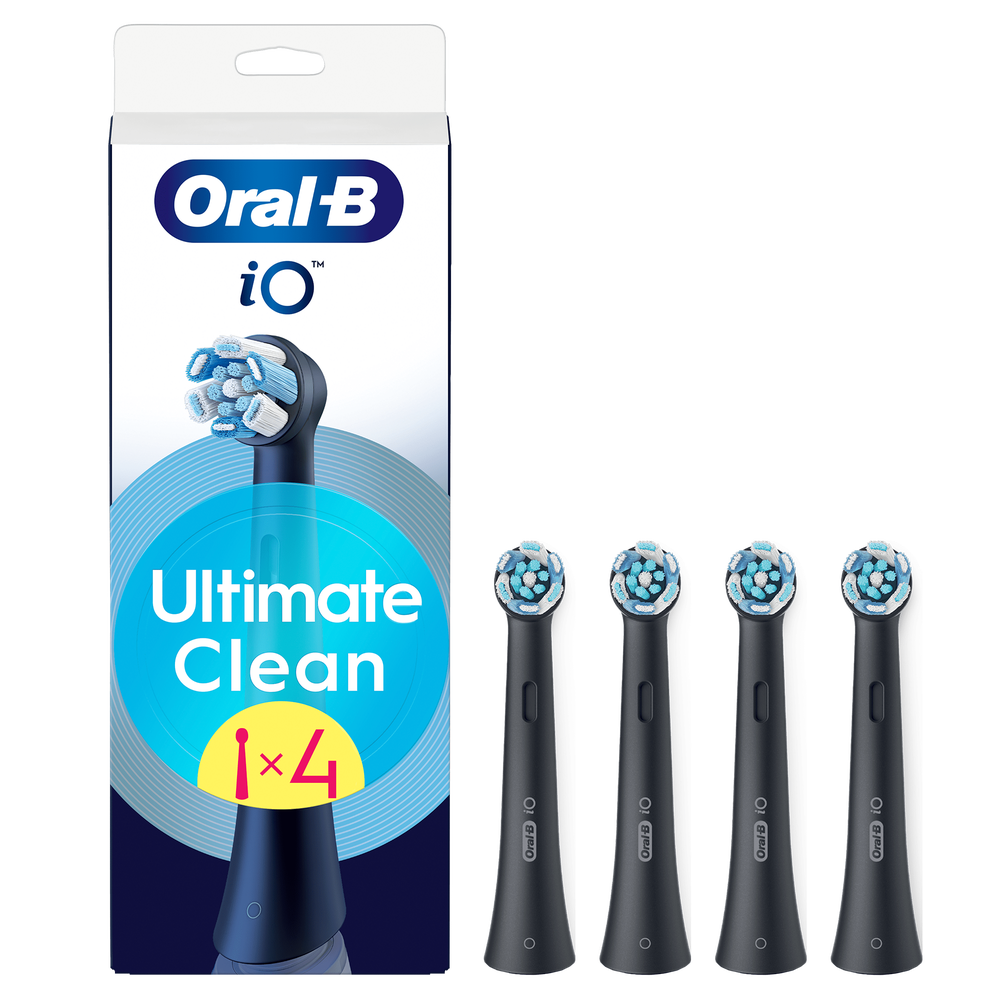 Oral-B iO brush heads, pack of four, featuring a blue and white bristle pattern.
