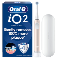 Oral-B iO2 Clean & Gentle toothbrush and packaging, highlighting Gently removes 100% more plaque.
