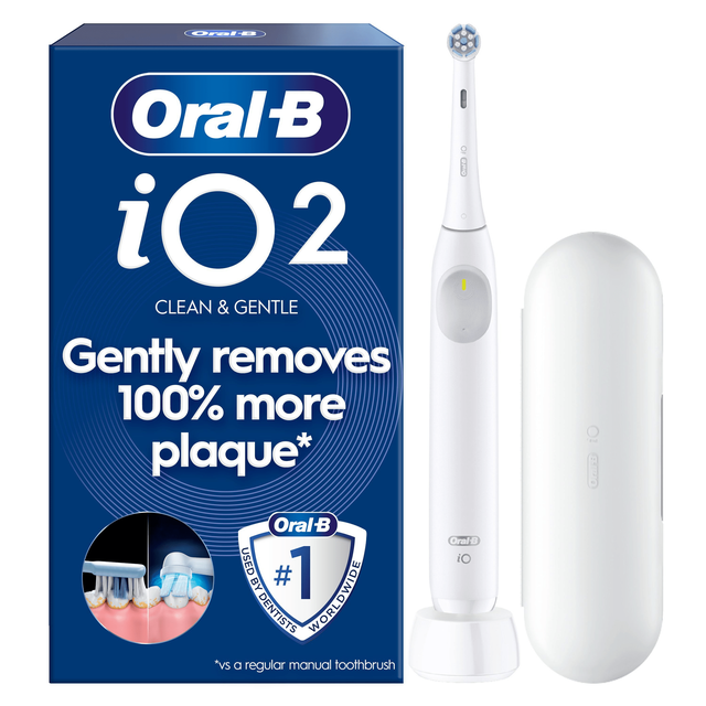 Oral-B iO2 electric toothbrush packaging, highlighting the claim Gently removes 100% more plaque.