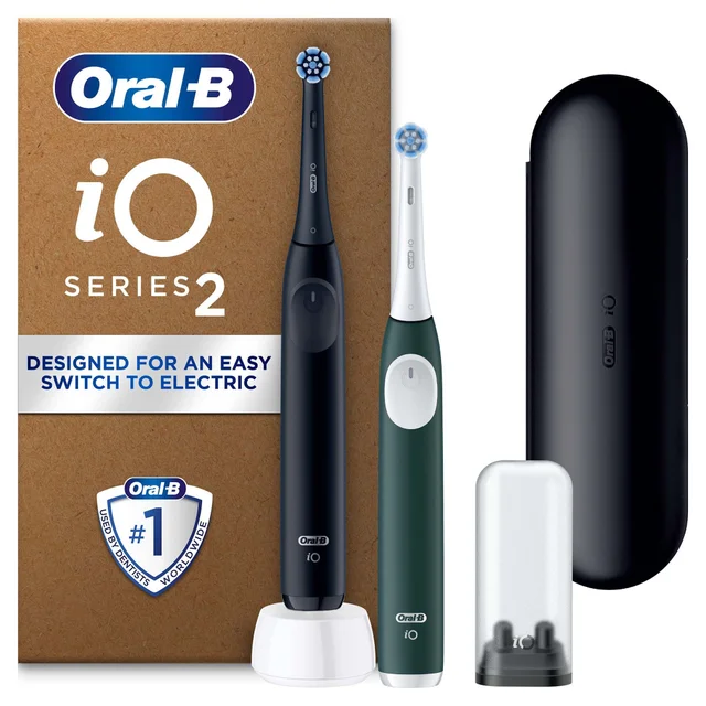 Oral-B iO2 Plus Night Black & Forest Green Electric Toothbrush Duo Pack with Travel Case