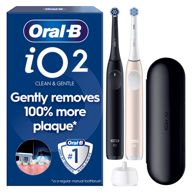 Oral-B iO2 electric toothbrush twin pack, highlighting Gently removes 100% more plaque.