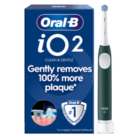 Oral-B iO2 electric toothbrush and packaging, highlighting Gently removes 100% more plaque.