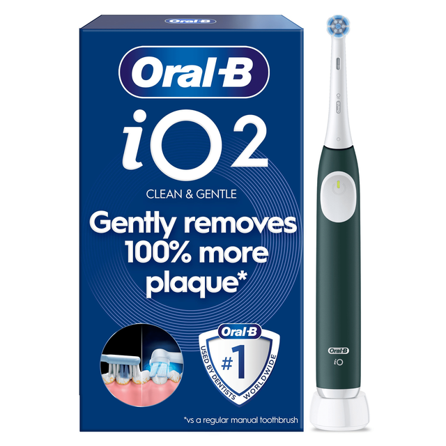 Oral-B iO2 electric toothbrush and packaging, highlighting Gently removes 100% more plaque.