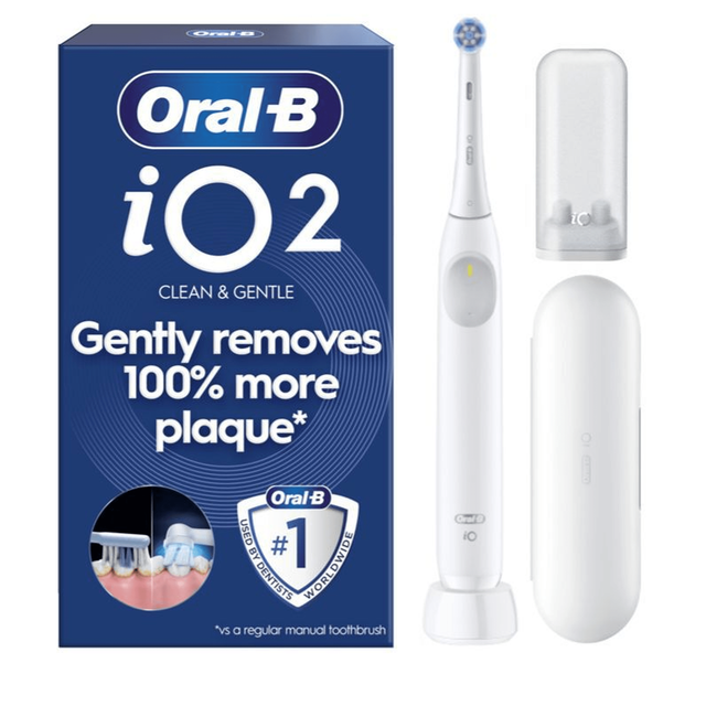Oral-B iO2 electric toothbrush packaging highlighting Gently removes 100% more plaque and showing the white toothbrush.