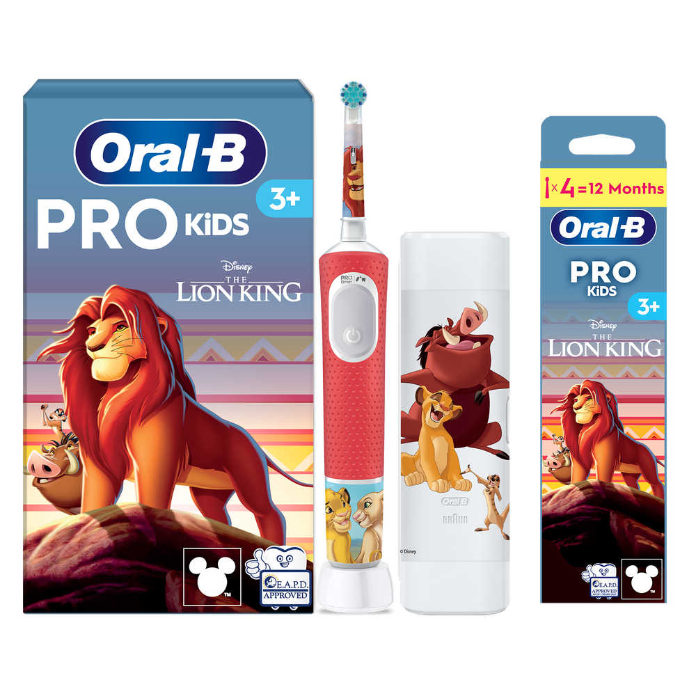 Oral B Pro Kids Lion King Electric Toothbrush + Travel Case + 4 Toothbrush Heads