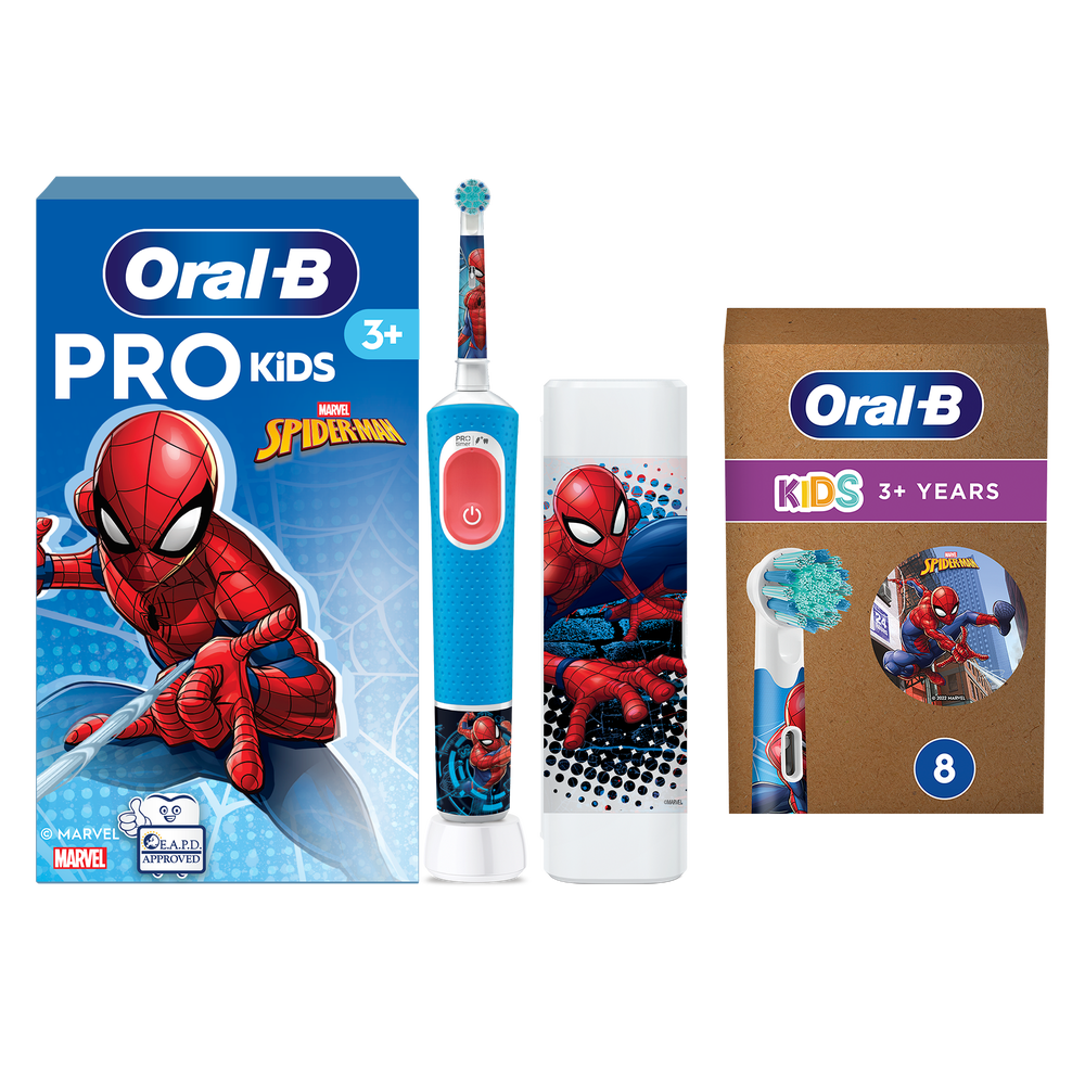 Oral B Pro Kids Spiderman Electric Toothbrush + Travel Case + 8 Toothbrush Heads